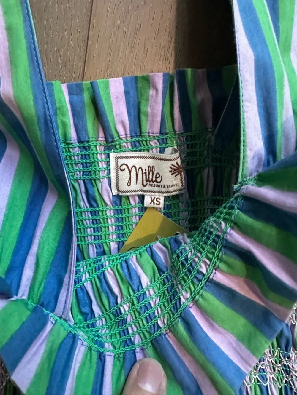 Mille Garden Dress Jaipur Stripe Blue Green White Smocked Maxi XS NWT - Picture 5 of 5